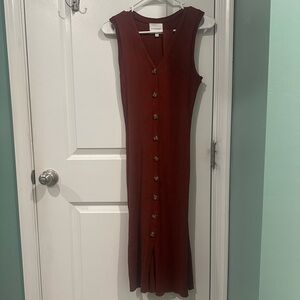 Pink Rose Sleeveless Button-Down Midi Dress in Deep Red